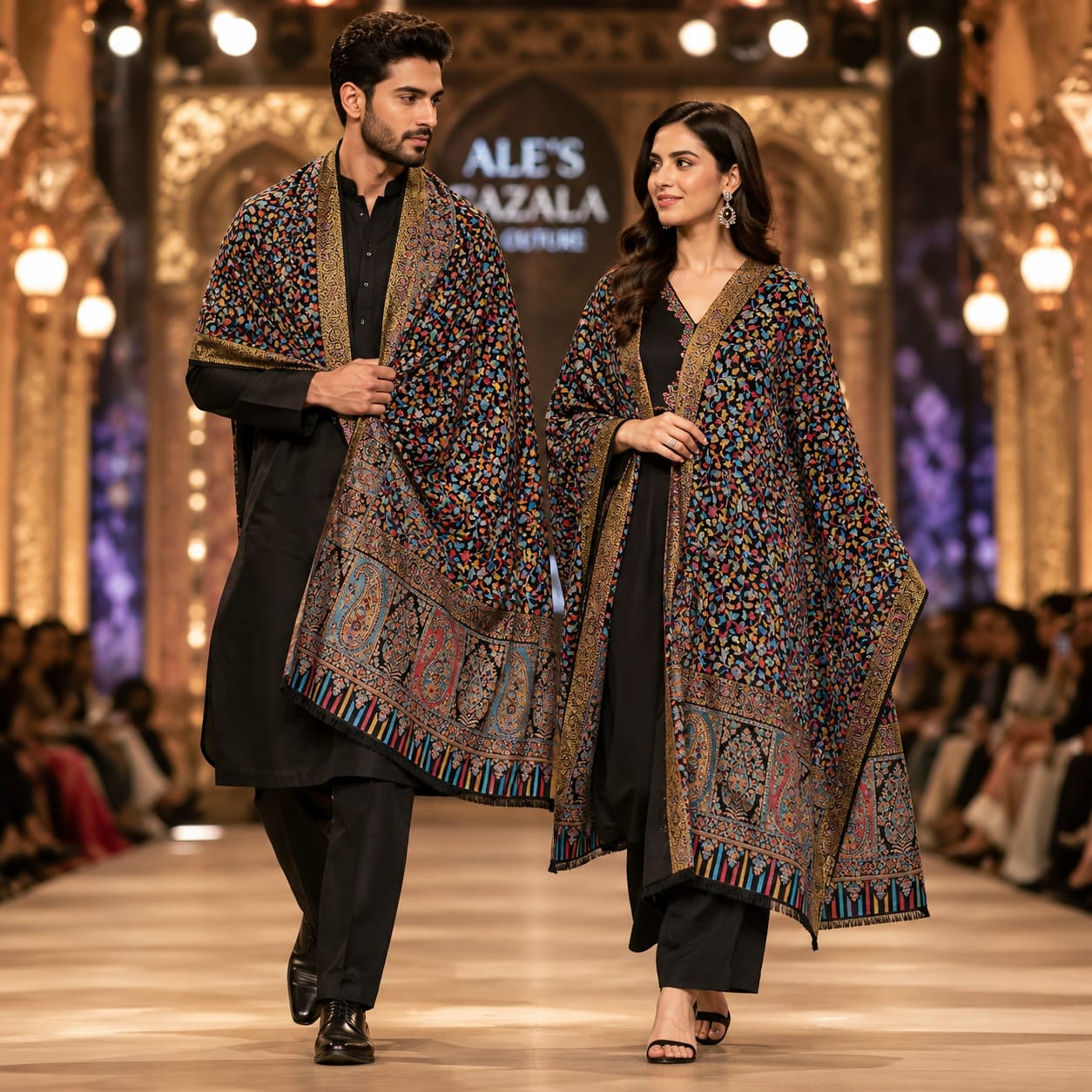Black Kashmiri Shawl  – Premium Floral Woven Shawl with Traditional Border & Fringe
