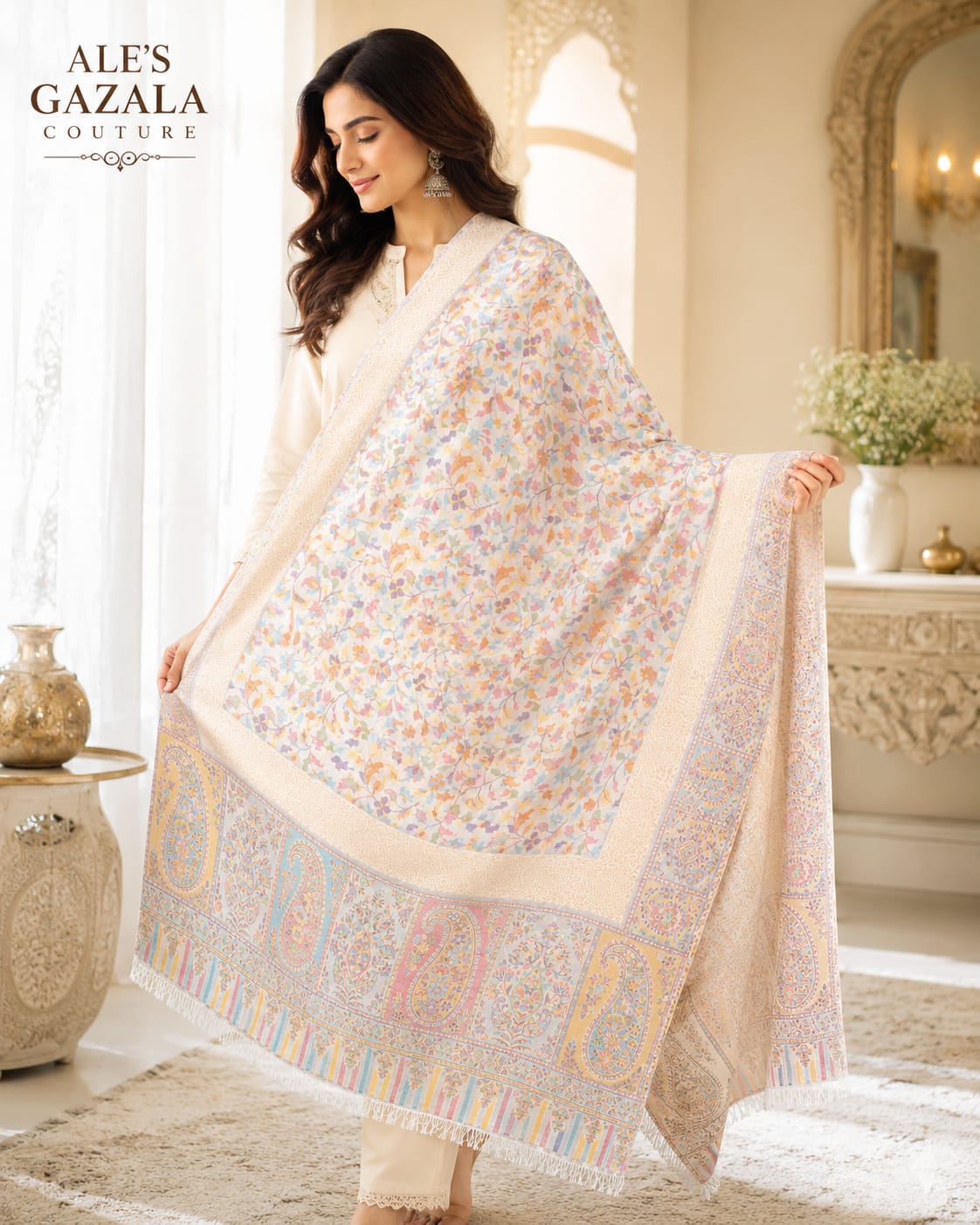 Kashmiri Zari Stole  – Premium Pastel Floral Stole with Intricate Paisley Border & Fringe Detailing