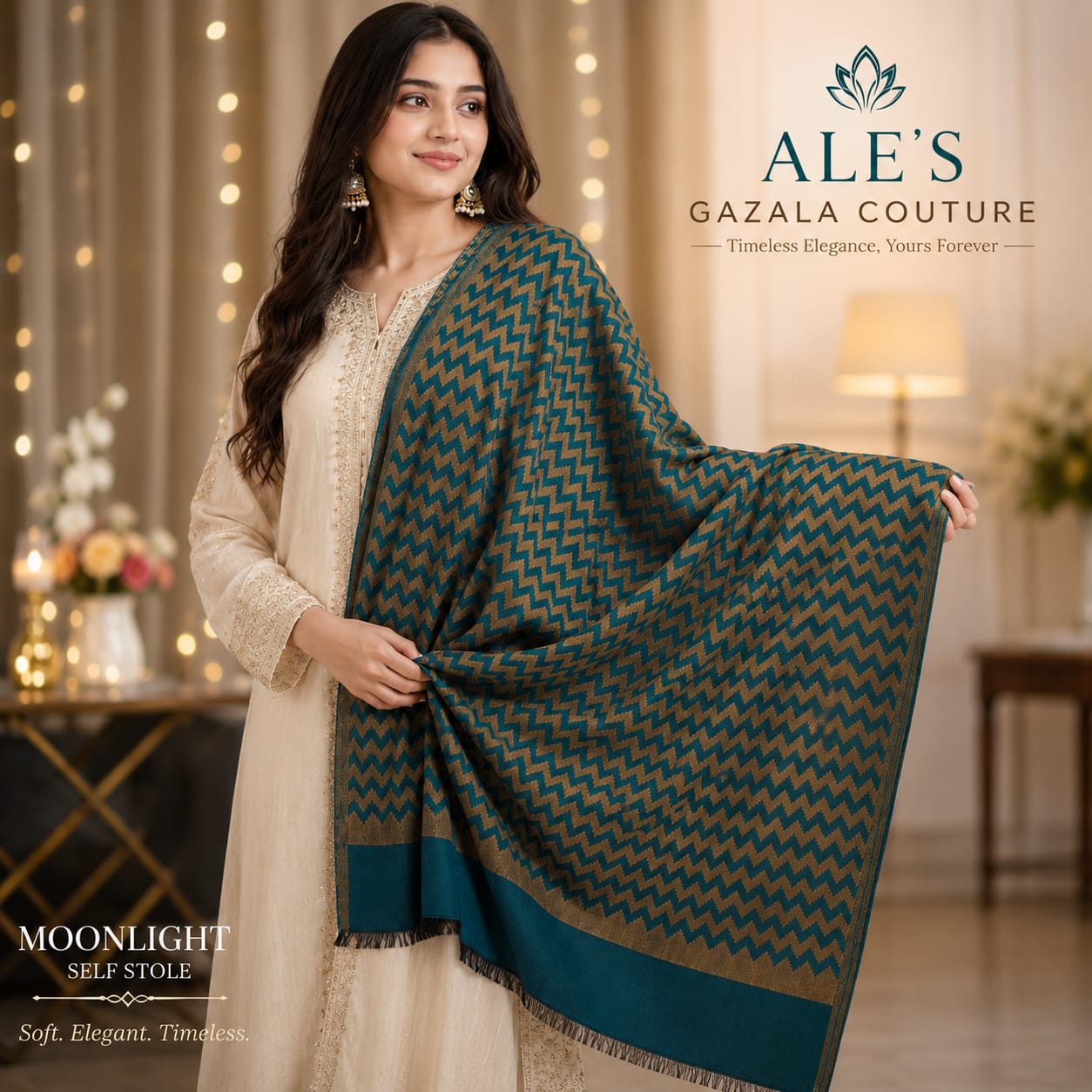 Ale’s Gazala Couture – Moonlight Teal & Gold Self Stole