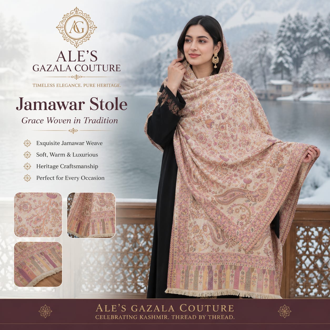 Premium Jamawar Stole – Traditional Kashmiri Heritage Weave with Floral & Paisley Motifs