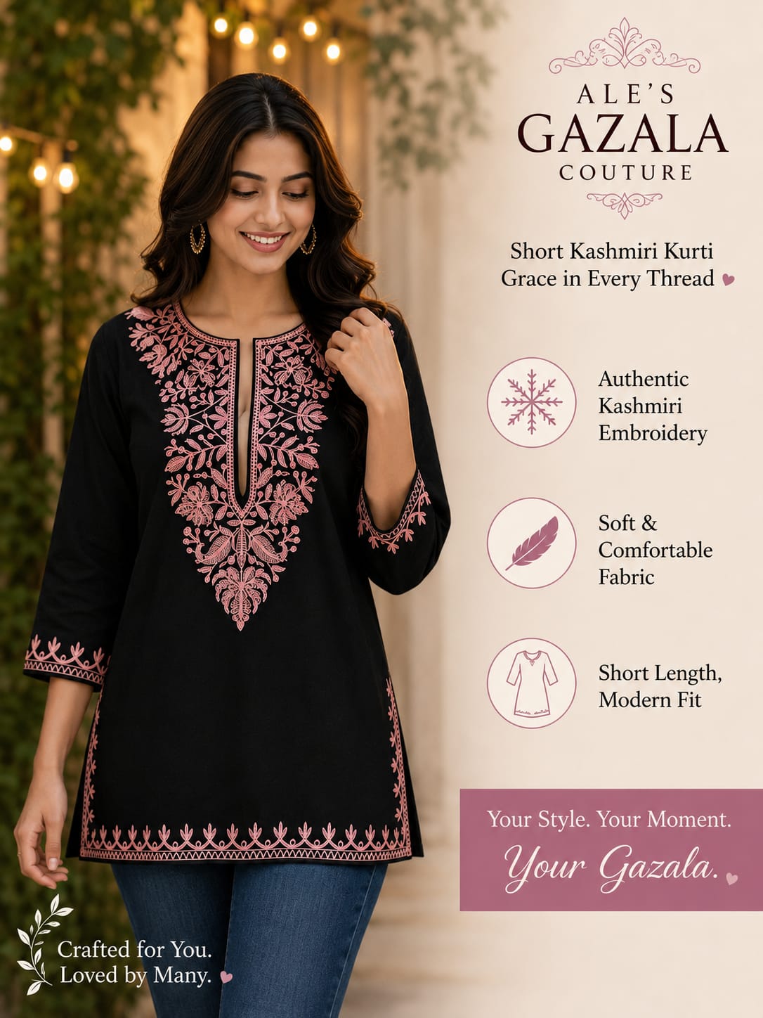ALE’S GAZALA COUTURE  Kashmiri Embroidered Short Kurti |  Full Sleeve College & Casual Wear