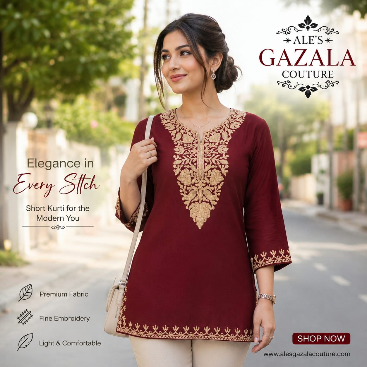 ALE’S GAZALA COUTURE  Kashmiri Embroidered Short Kurti |  Full Sleeve College & Casual Wear