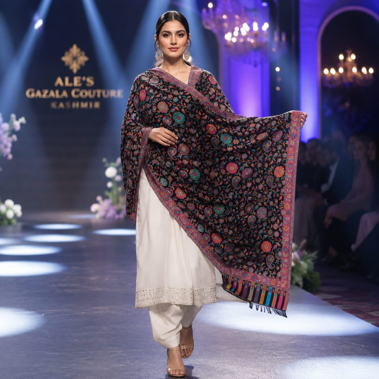 Black Kashmiri Zari Stole for Women – Premium Floral Woven Stole with Multicolour Border & Fringe