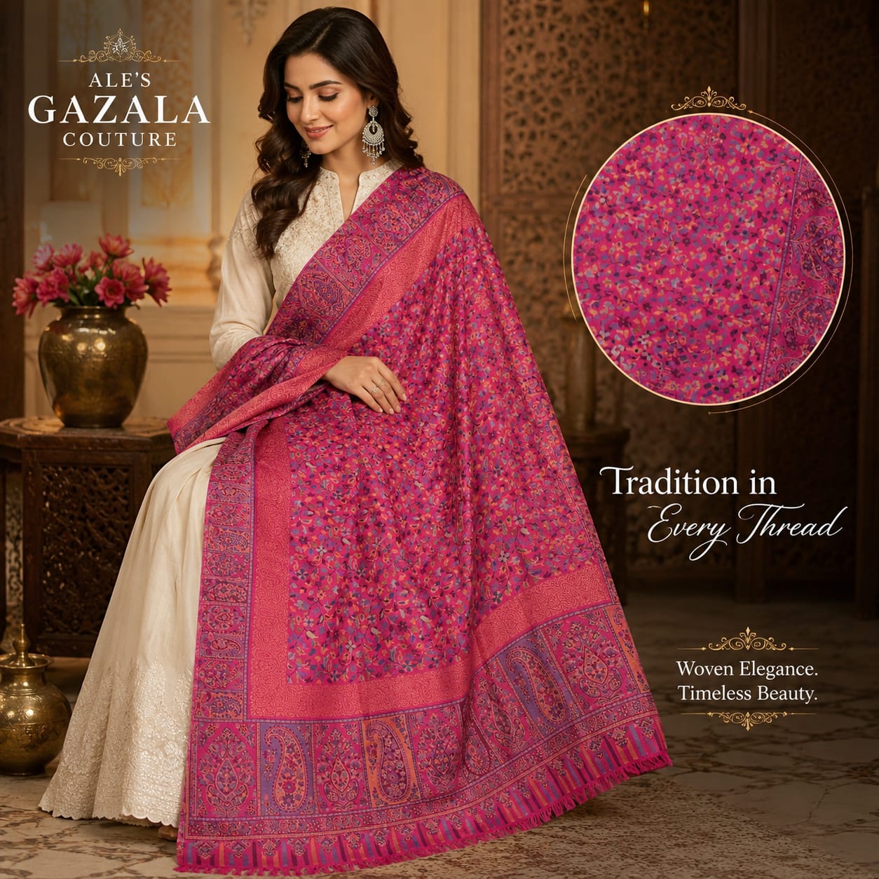 Vibrant Pink Kashmiri Zari Stole for Women – Premium Floral Woven Stole with Ornate Paisley Border & Fringe Detail