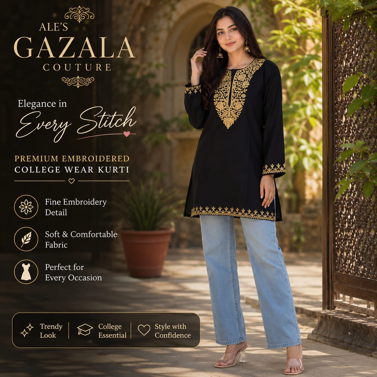 ALE’S GAZALA COUTURE  Kashmiri Embroidered Short Kurti |  Full Sleeve College & Casual Wear