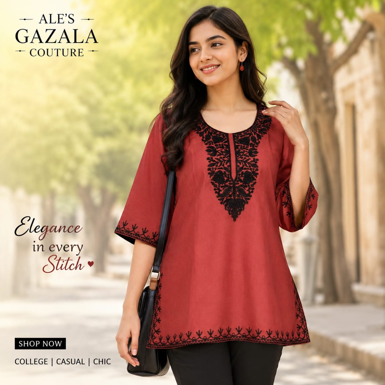 ALE’S GAZALA COUTURE  Kashmiri Embroidered Short Kurti |  Full Sleeve College & Casual Wear