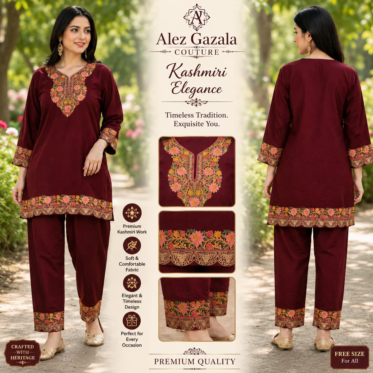 *Co-Ord Set/Pheran Suit with Kashmiri Embroidery & Golden Zari Work*